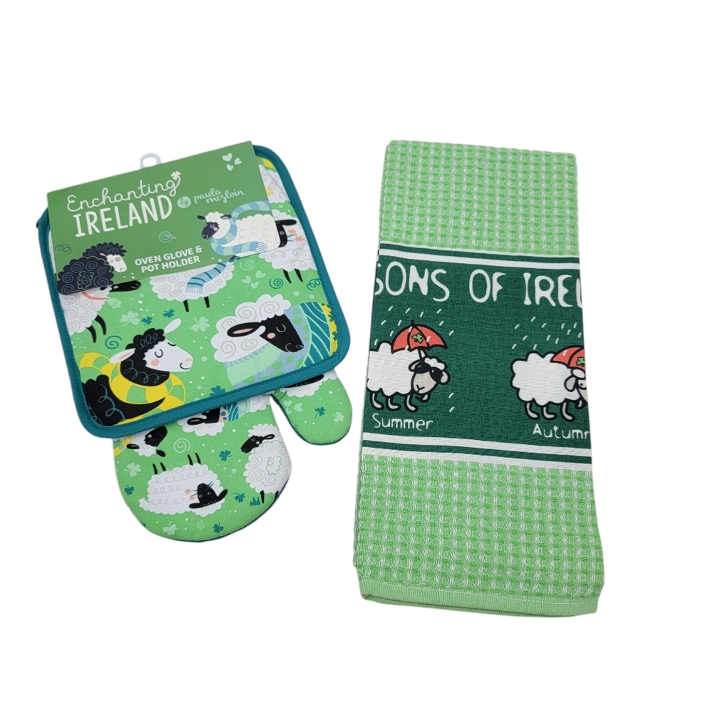 NWT Enchanting Ireland Sheep Tea Towel Oven Mitt Pot Holder Combo Irish …
